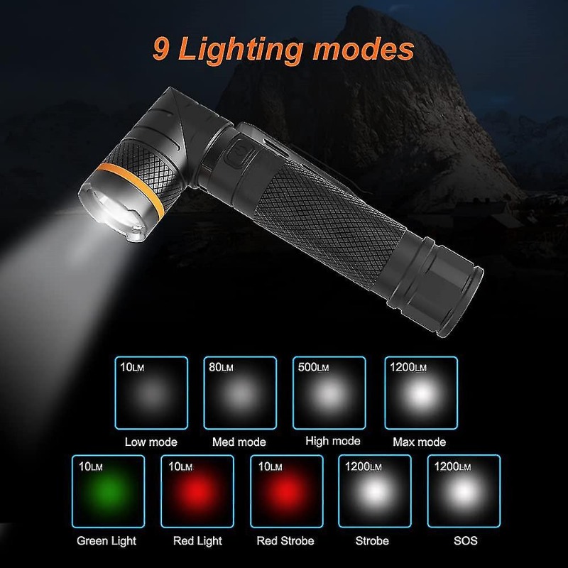 Led Torch Usb Rechargeable Powerful 1200 Lumen Flashlight, 90 Degree Rotatable,ip65 Waterproof For Hunting Outdoor, Black_voghion.com