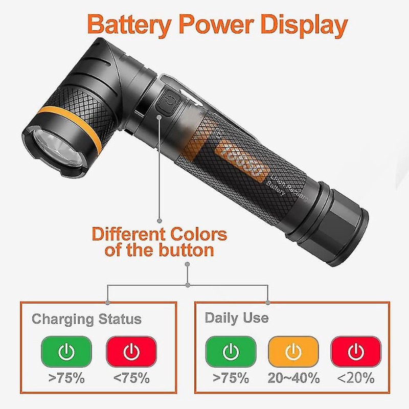 Led Torch Usb Rechargeable Powerful 1200 Lumen Flashlight, 90 Degree Rotatable,ip65 Waterproof For Hunting Outdoor, Black_voghion.com