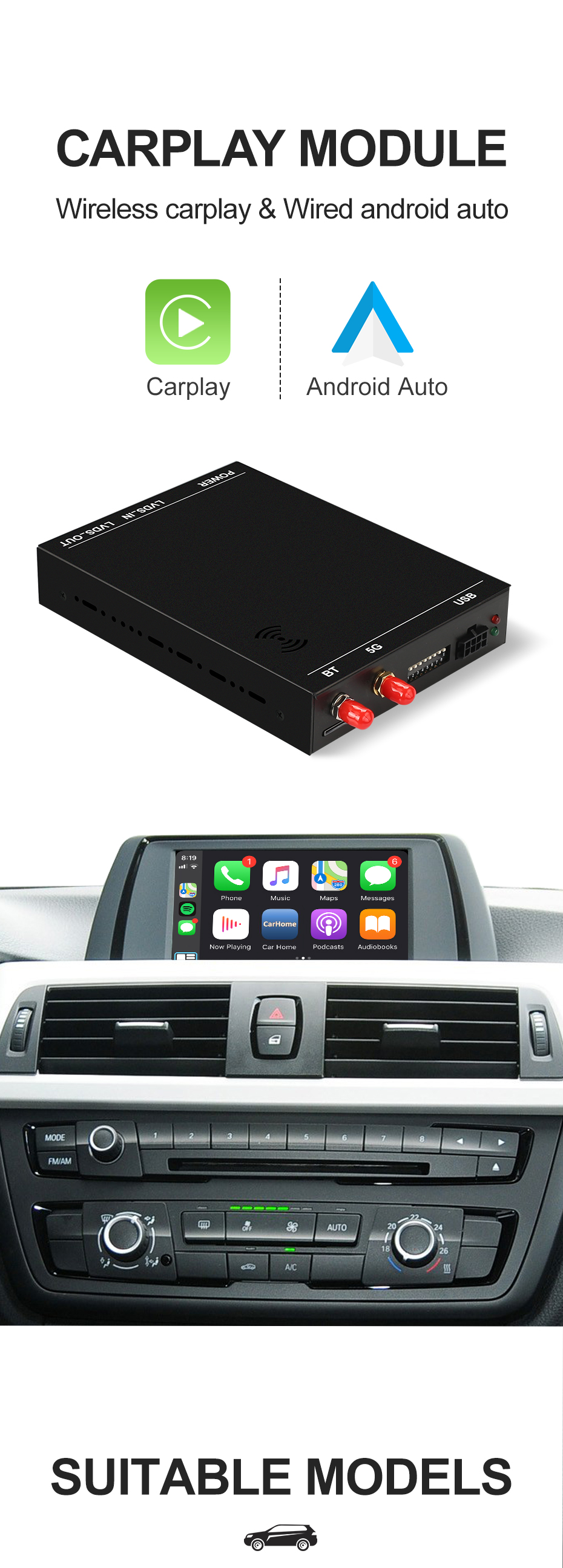 Module Carplay sans Fil ISUDAR pour système F01 F02 F03 F07 F10 F12 F20 F21  F22 F30 F32 E84 F25 F15 F16 F80 Android Auto Video Mirror Link Support