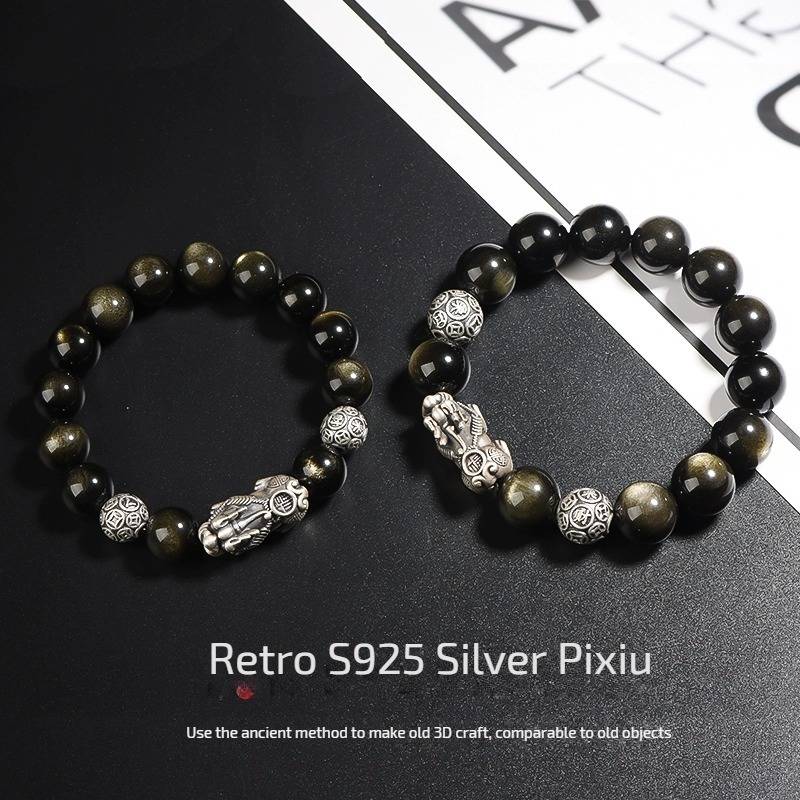 Natural Golden Obsidian S925 Silver Pixiu Bracelet for attracting good luck, protection, and wealth5