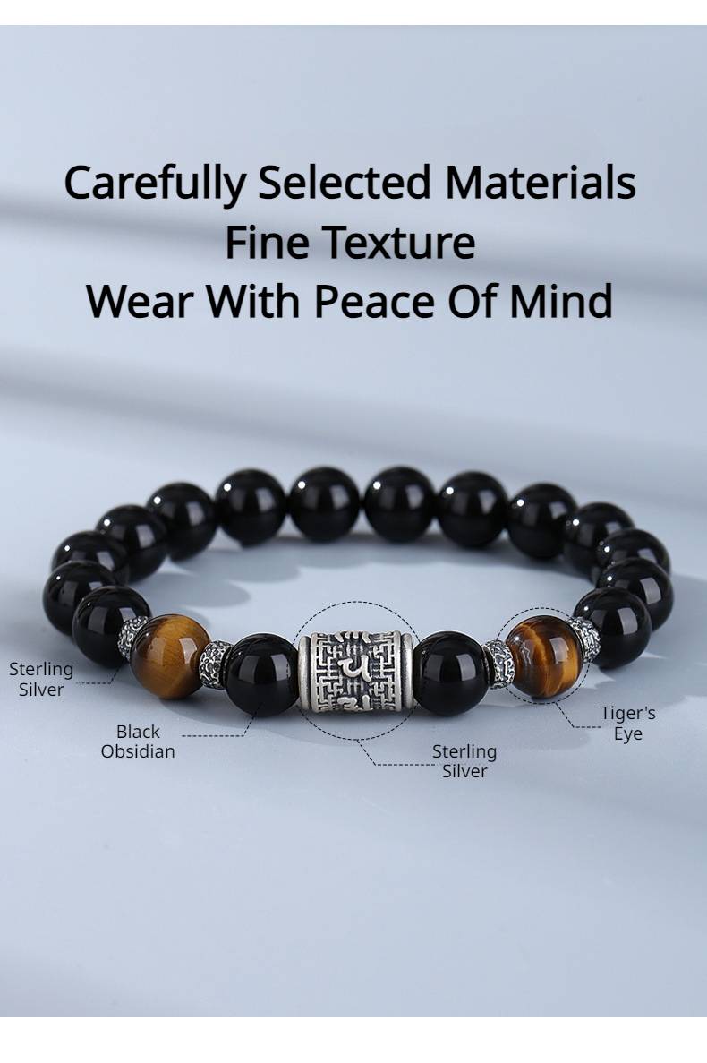 Six-Character Mantra Obsidian Bracelet for attracting good luck, protection, Buddhist Guardian blessings, wealth, and health0