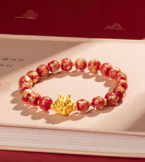 Gold Foil Liuli Dragon Head Bracelet for attracting good luck, protection, Buddhist Guardian, wealth, and health0