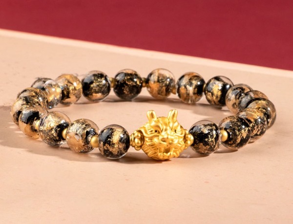 Gold Foil Liuli Dragon Head Bracelet for attracting good luck, protection, Buddhist Guardian, wealth, and health4