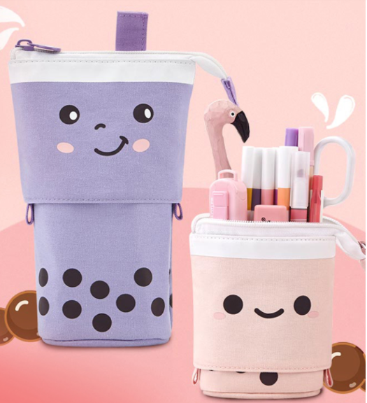 Kawaii Pencil Case With Boba Smile Face Telescopic Standing Pencil Bag Pouch  Cute Pencil Holder Office Products