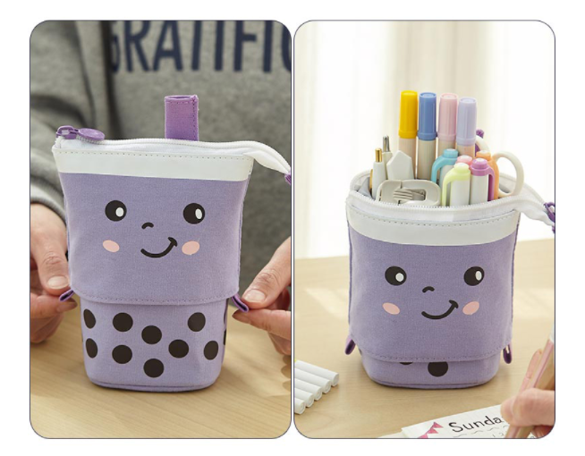 Kawaii Pencil Case With Boba Smile Face Telescopic Standing Pencil Bag  Pouch Cute Pencil Holder Office Products