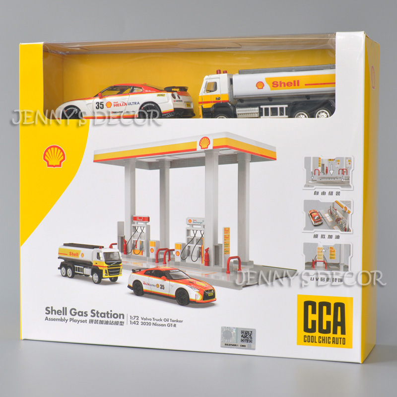 Shell Oil Gas Station Assembly Playset Nissan GT-R R35 Volvo Truck