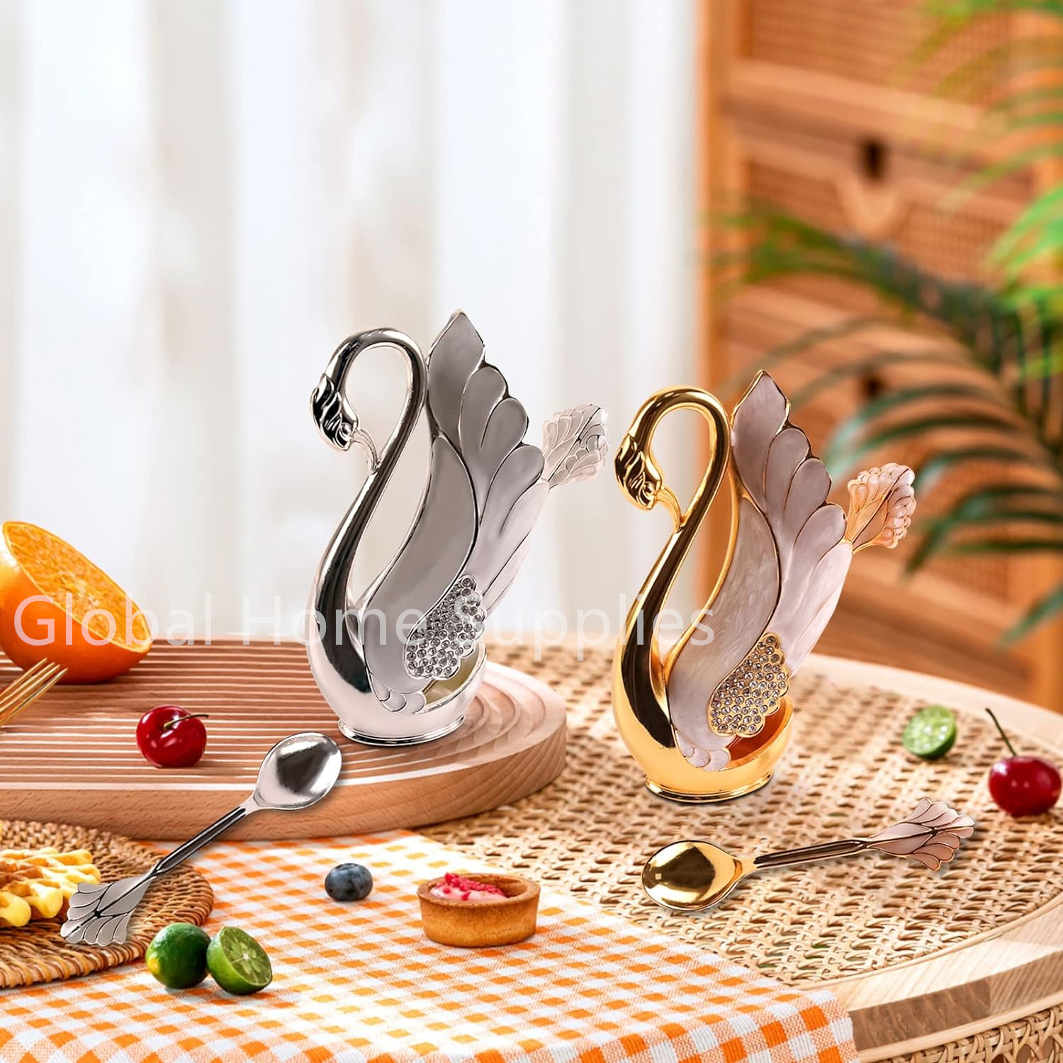 Description Picture 6 of itemCreative Dinnerware Set Decorative Swan Base Holder with 6 Spoons or Forks for Coffee Fruit Dessert Stirring Mixing Gift Idea