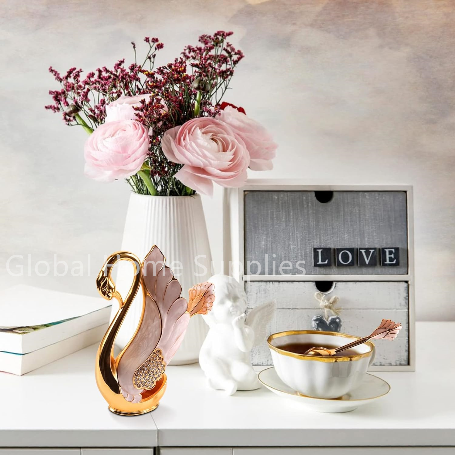 Description Picture 5 of itemCreative Dinnerware Set Decorative Swan Base Holder with 6 Spoons or Forks for Coffee Fruit Dessert Stirring Mixing Gift Idea