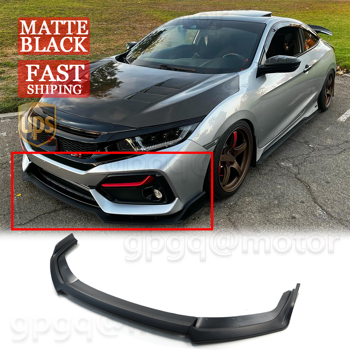 Gloss Black RS Style Front Bumper Lip Splitter For 2017-2021 Civic Si & Hatchback 7 thumbnail image