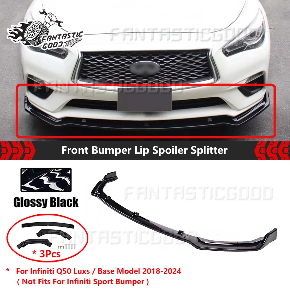 Gloss Black Front Bumper Lip Splitter For Infiniti Q50 2018-2024 – Luxe/Base/Premium, 3-Piece