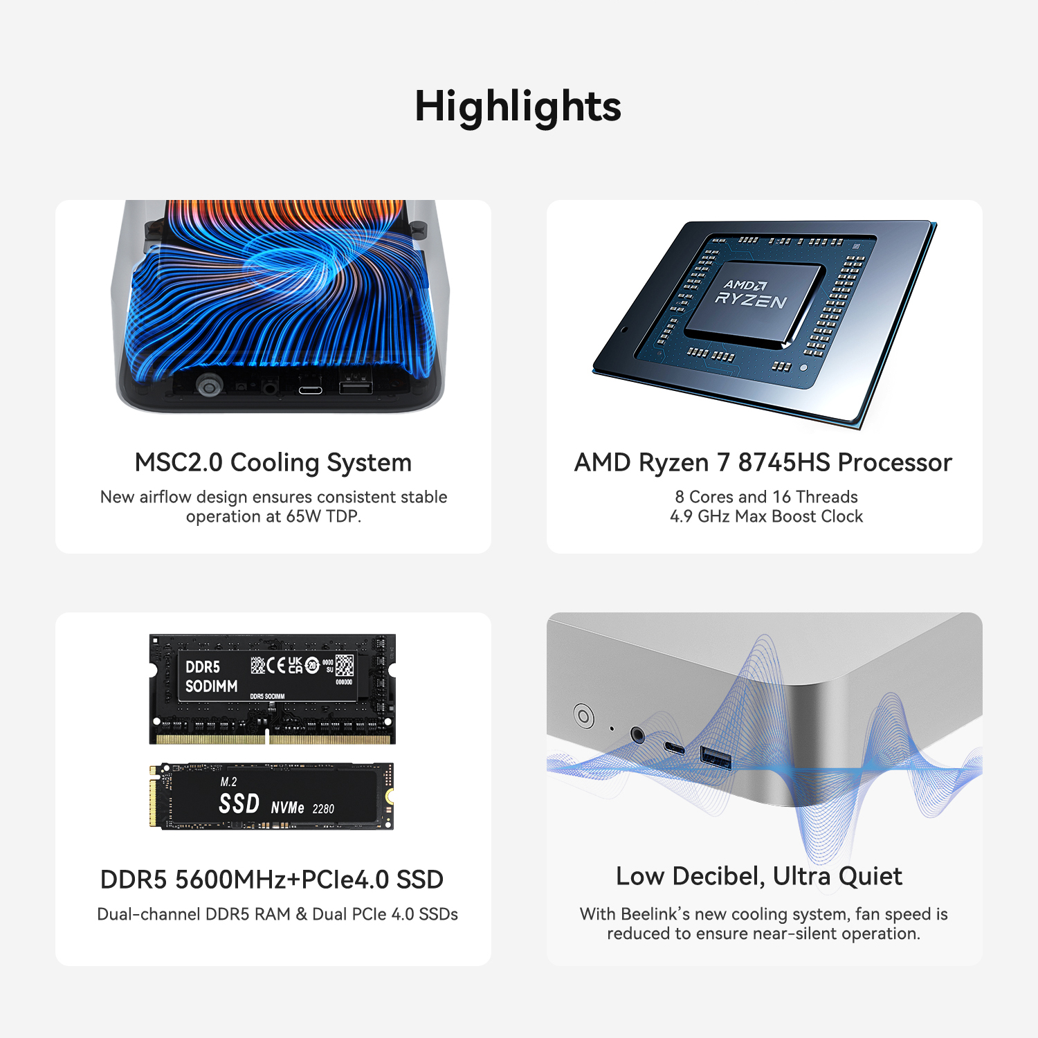 Beelink SER8 8745HS AMD Ryzen 7 8 core 16 thread AI PC up to 256GB DDR5 5600MHz
