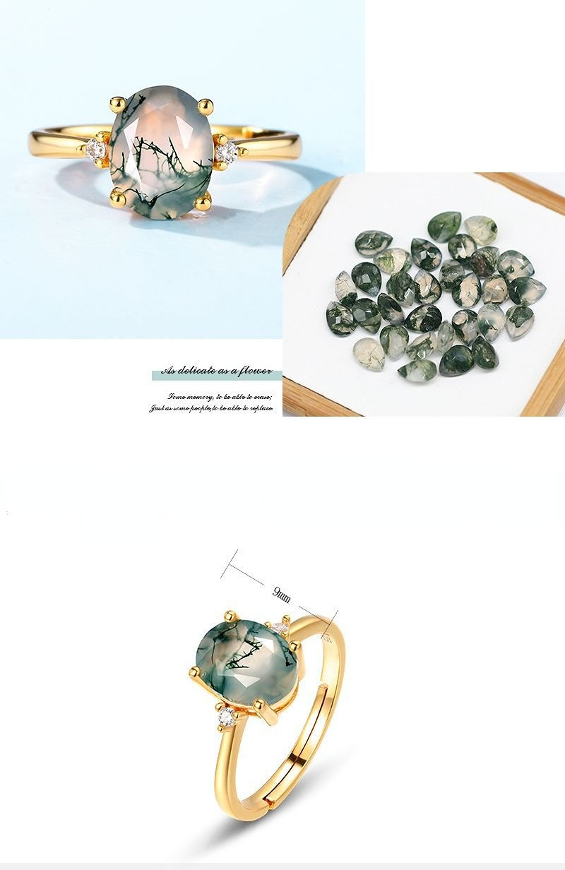 Amazon foreign trade new S925 silver ring with green moss agate for women, noble cross-border water plants design2