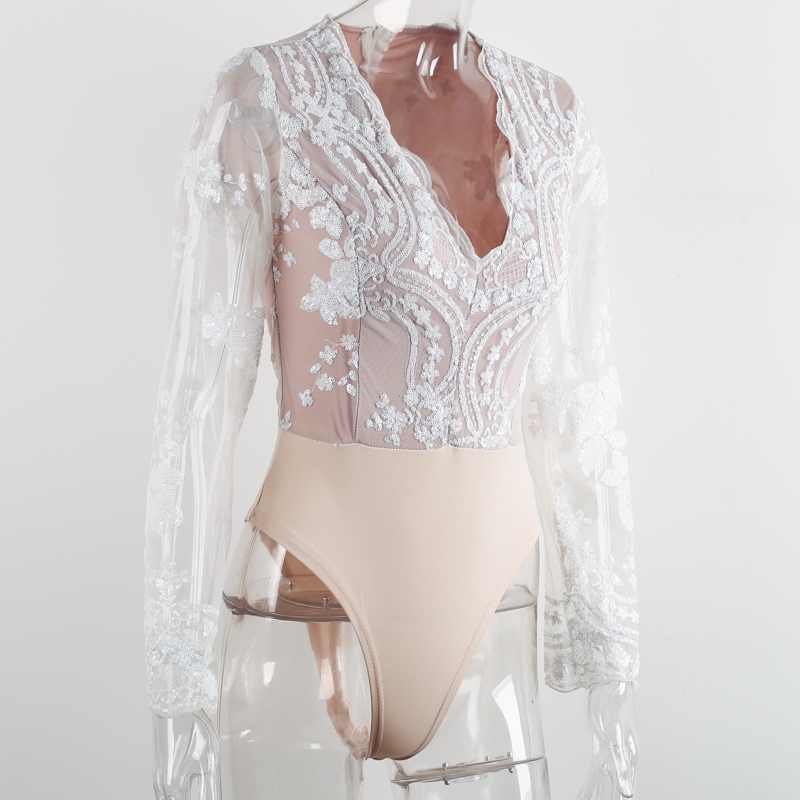 Simplee Sexy V Neck Sequin Embriodery Bodysuit Sheer Mesh Sleeve ...