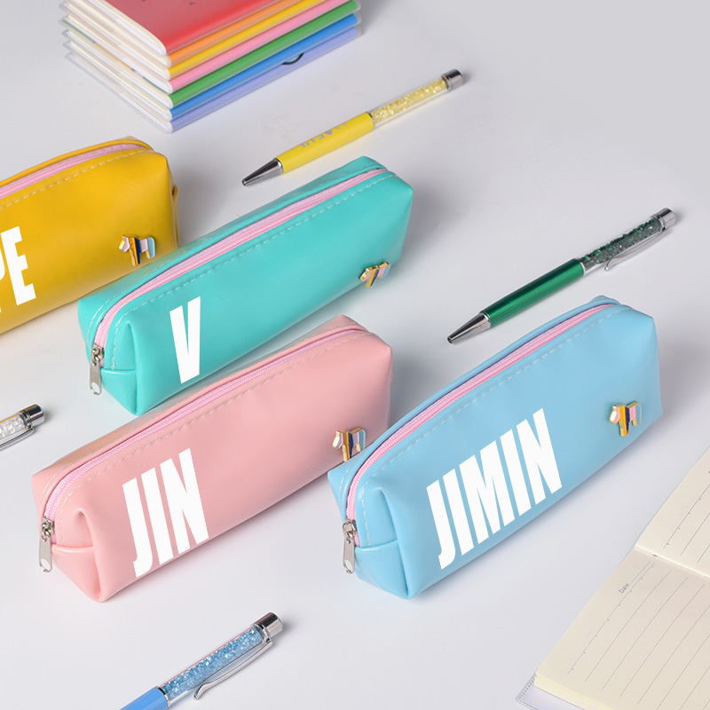 Kpop Goth Perhk BTS Got7 Trousse à crayons en similicuir imperméable avec fermeture Éclair Noir/rose Grande capacité BTS. 