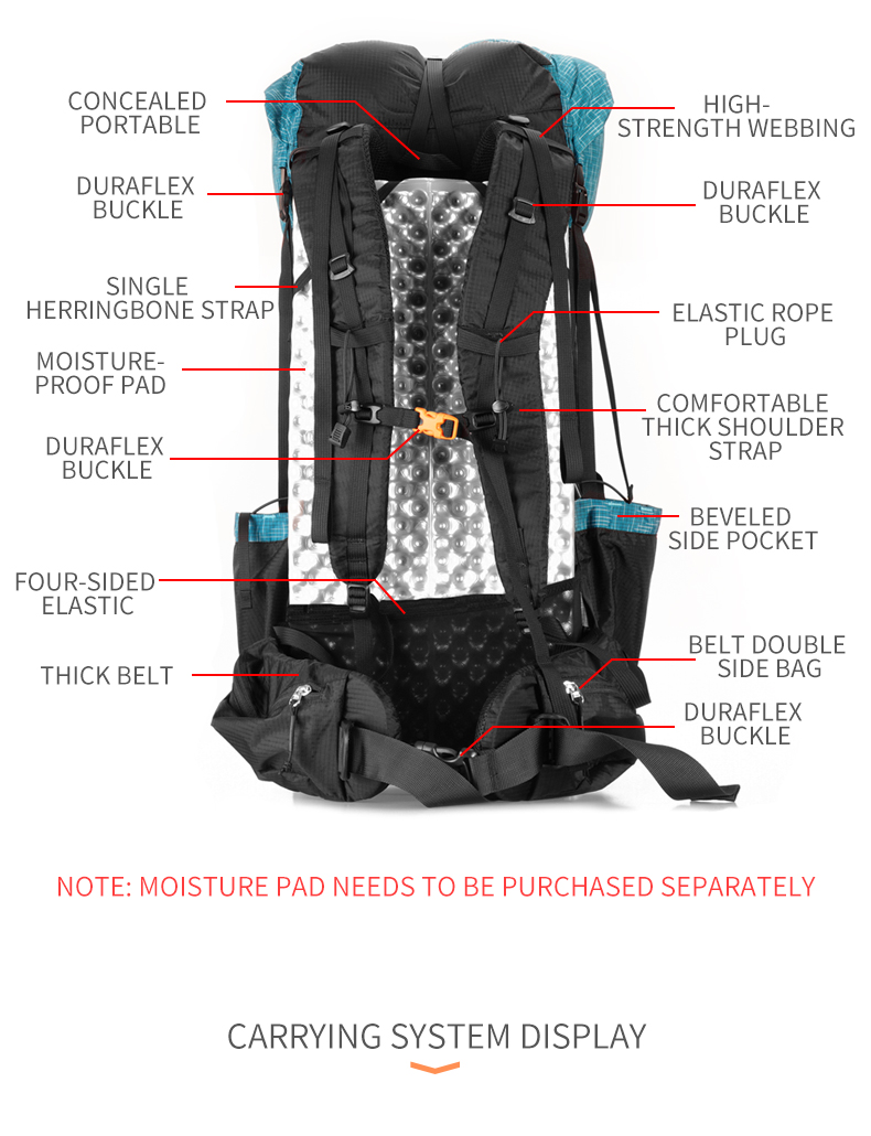 3F UL GEAR Water-resistant Frameless Hiking Backpack 40+16L 3F UL GEAR Water-resistant Frameless Hiking Backpack 40+16L