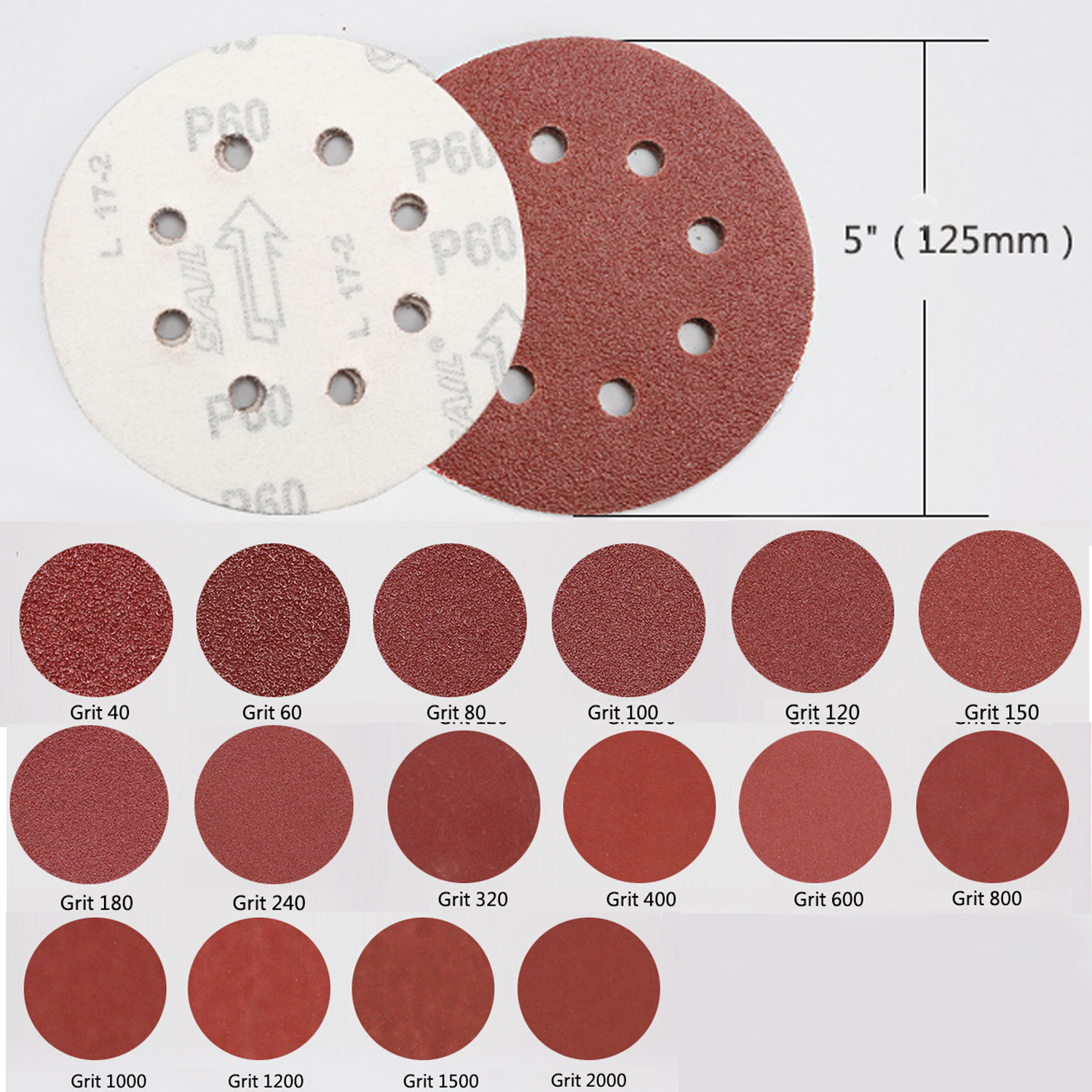 50PCS 125mm Sanding Discs 5 inch Sandpaper Pad Hook and Loop 8 Hole 40-2000 Grit