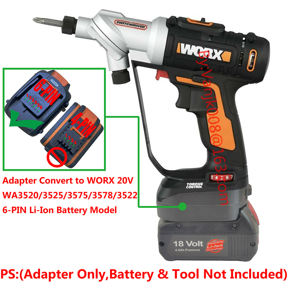 Worx 20V Cordless Drill Tools Adapter Used With Bosch 18V BAT609 Li-Ion ...