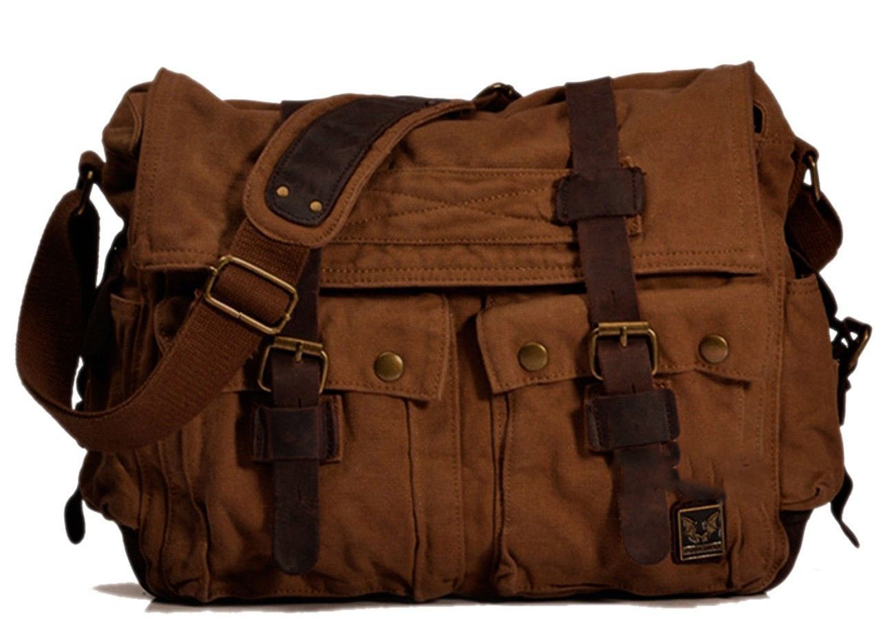 Mens Vintage Canvas Leather Military Bag X Large 15 Laptop Shoulder ...