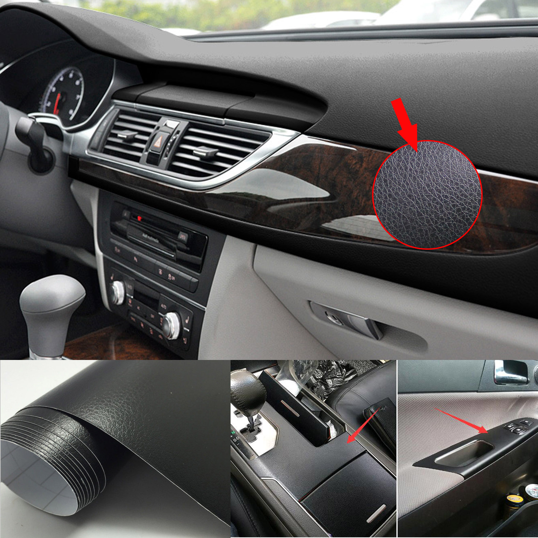 Black / Matte Car Part Interior Leather Grain Texture Film Vinyl Wrap  Sticker AB