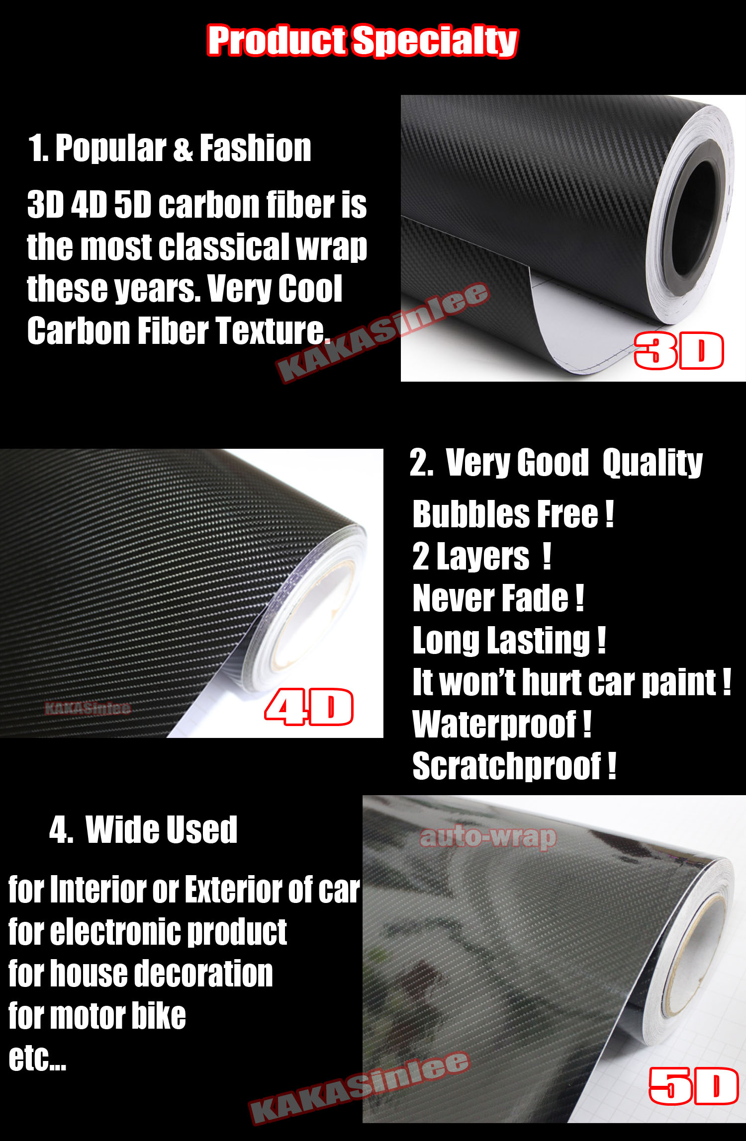 4D BLACK CARBON FIBRE Wrap Tape vinyl film Bike Frame Pimp MTB BMX Air Release 