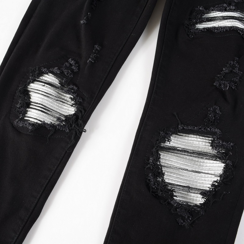 Men's Knee Hole Ripped Silvery Patchwork Patch Skinny Black