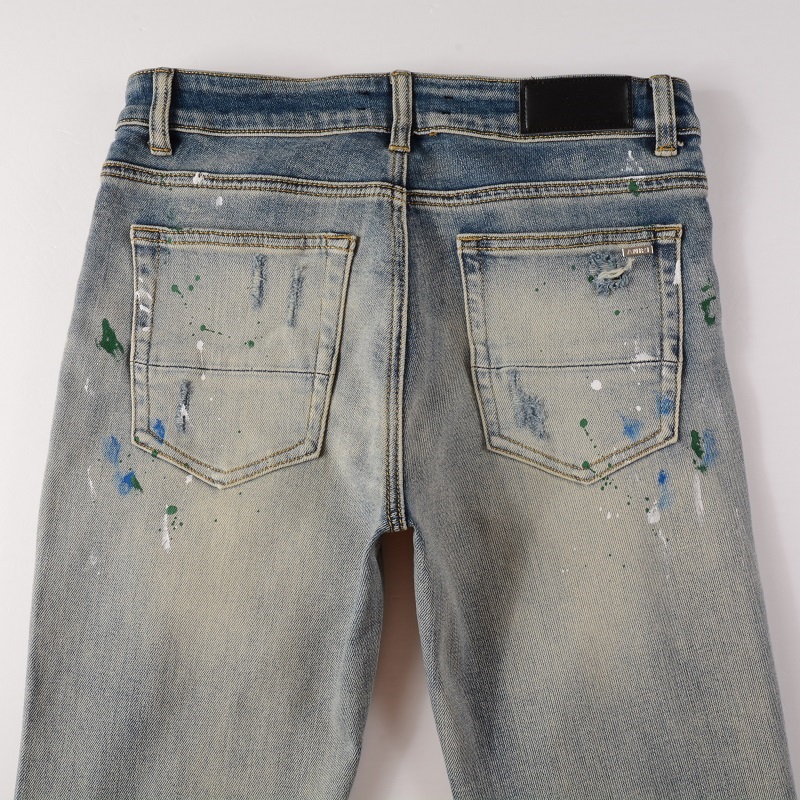 Men's Knee Pleated Patch Dazzle Paint dot Ripped Skinny fit