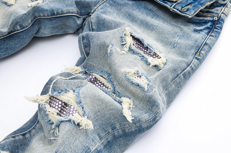 Men's Knee Ripped Diamond-studded jeans Skinny Fit Patch