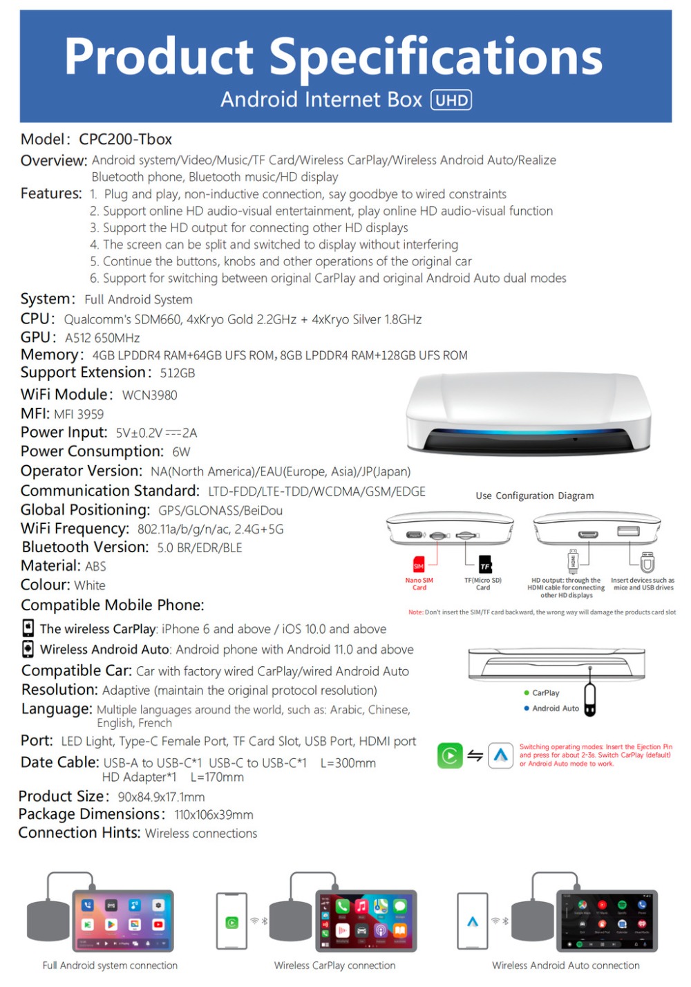 Carlinkit UHD CPC200-Tbox(EAU版 SDM660) EAU Carlinkit UHD Wireless Carplay TV Ai Box Android SDM660 GPS