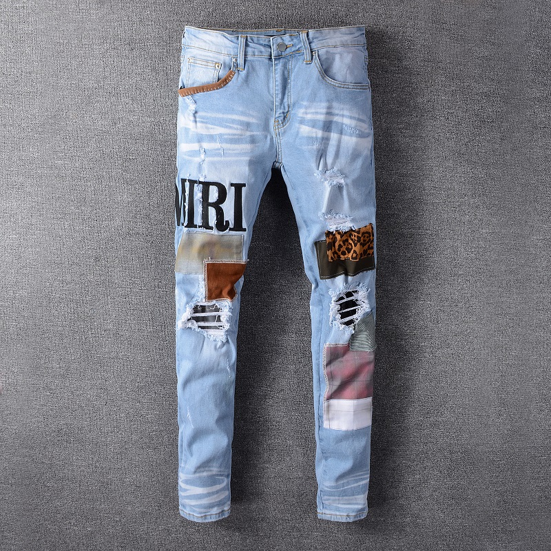 Men's Embroidery Patchwork Stretch Ripped Leopard Print Men's Embroidery Patchwork Stretch Ripped Leopard Print