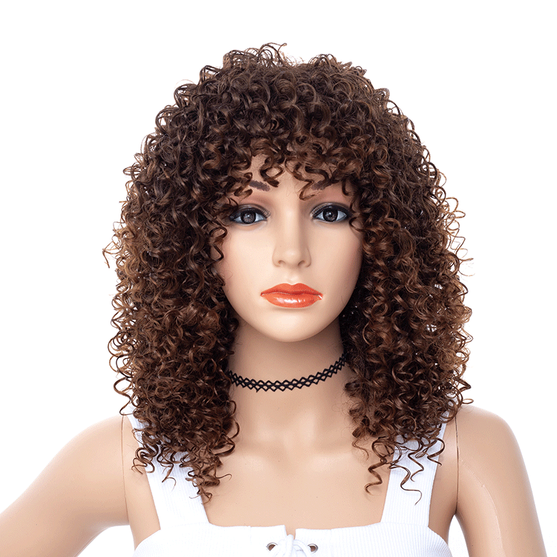 Afro Curly Synthetic Medium Short Wigs Full Bang Women Coffee Black 
