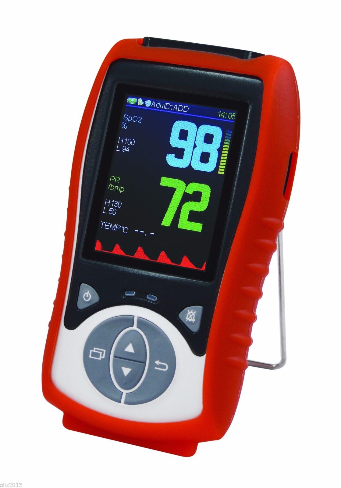 Handheld pulse oximeter, SPO2 PR TEMP, with one Adult or
