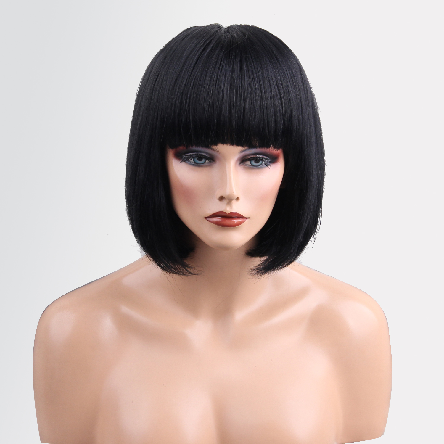 Short Bob 50 Real Human Hair Wigs With Flat Bangs Straight Black Wig