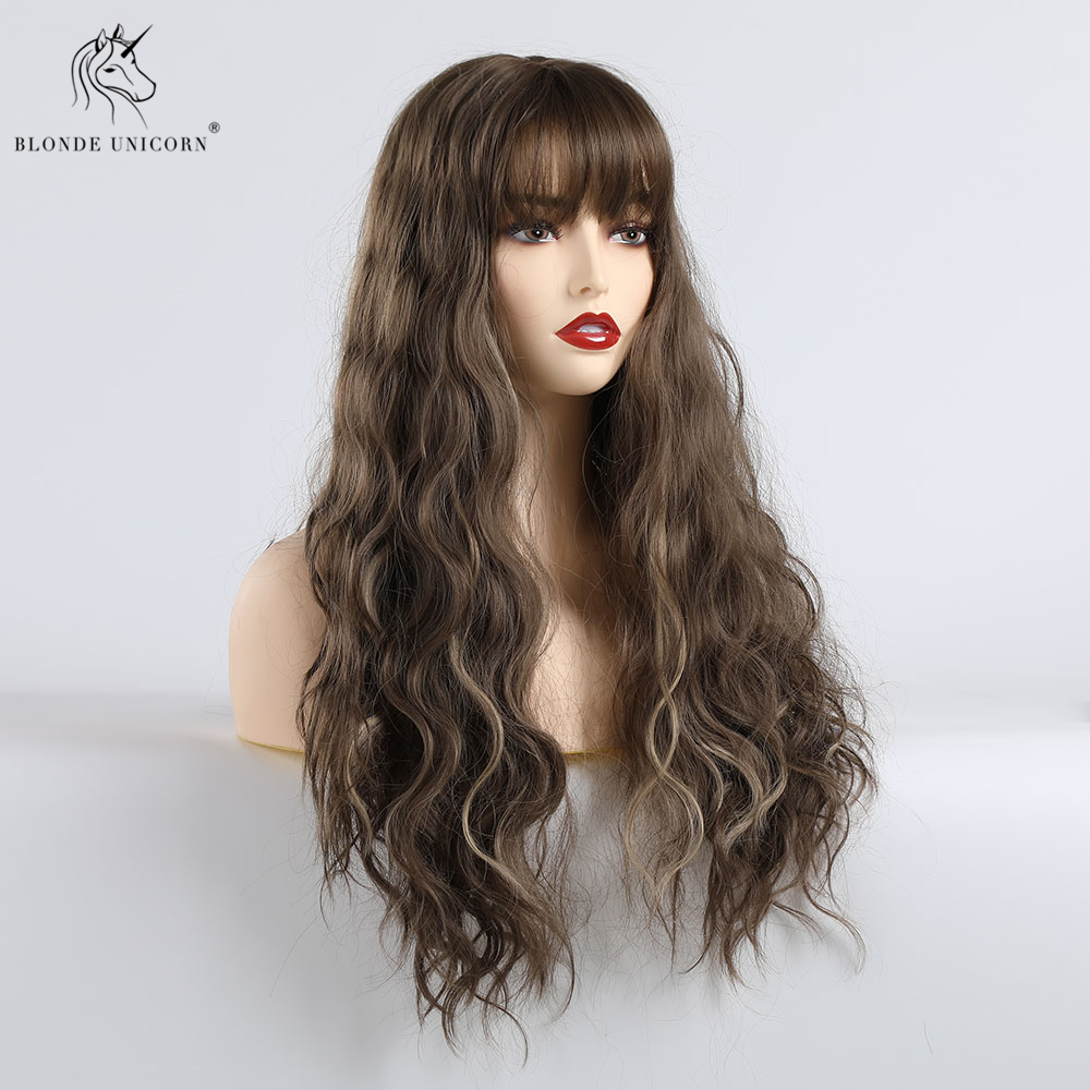 Long Brown Wavy Curly Synthetic Hair Wigs With Bangs