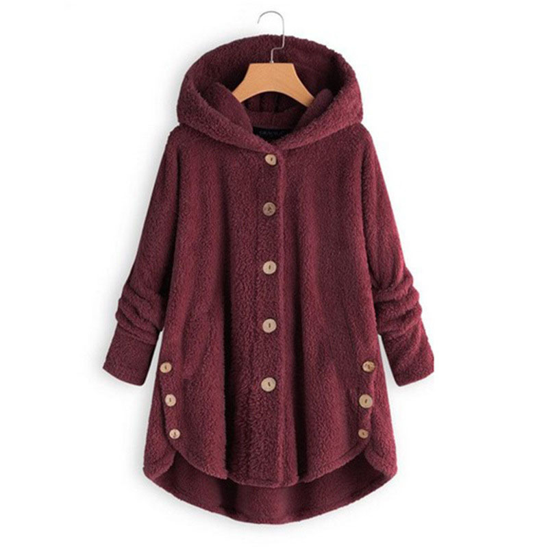 Fleece Hooded Irregular Hem Button Coats**5