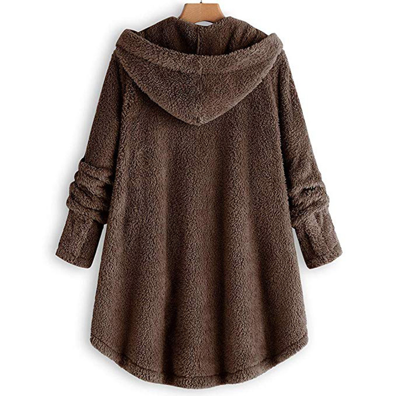 Fleece Hooded Irregular Hem Button Coats**7