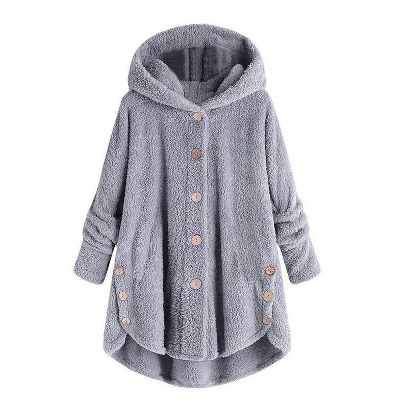 Fleece Hooded Irregular Hem Button Coats**3
