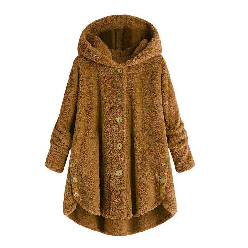 Fleece Hooded Irregular Hem Button Coats**6