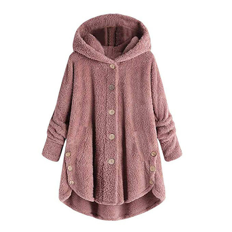 Fleece Hooded Irregular Hem Button Coats**2
