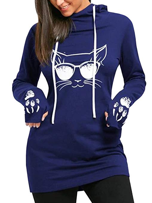 US$ 29.99 - Women's Cat Print Hoodies Pullover Cute Thumb Hole Hooded ...