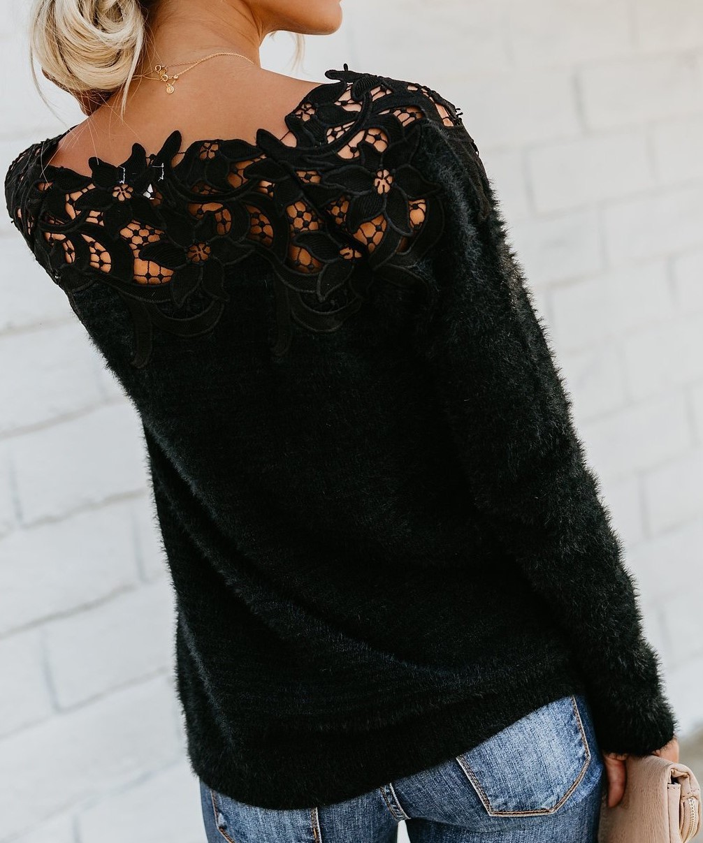 US$ 27.89 - Women Off Shoulder Lace Patchwork Long Sleeve Sweaters Tops ...