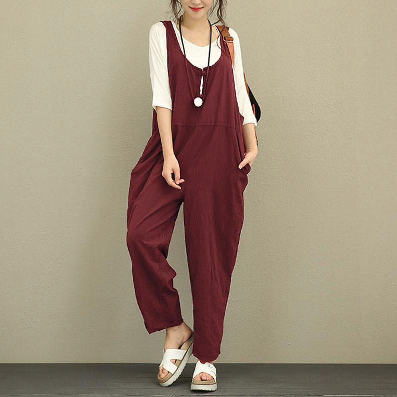 Vintage Pure Color Frog Button Loose Women Sleeveless Jumpsuits2