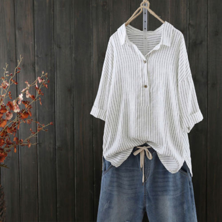 Women Casual Striped V- Neck Button Blouses Tops3