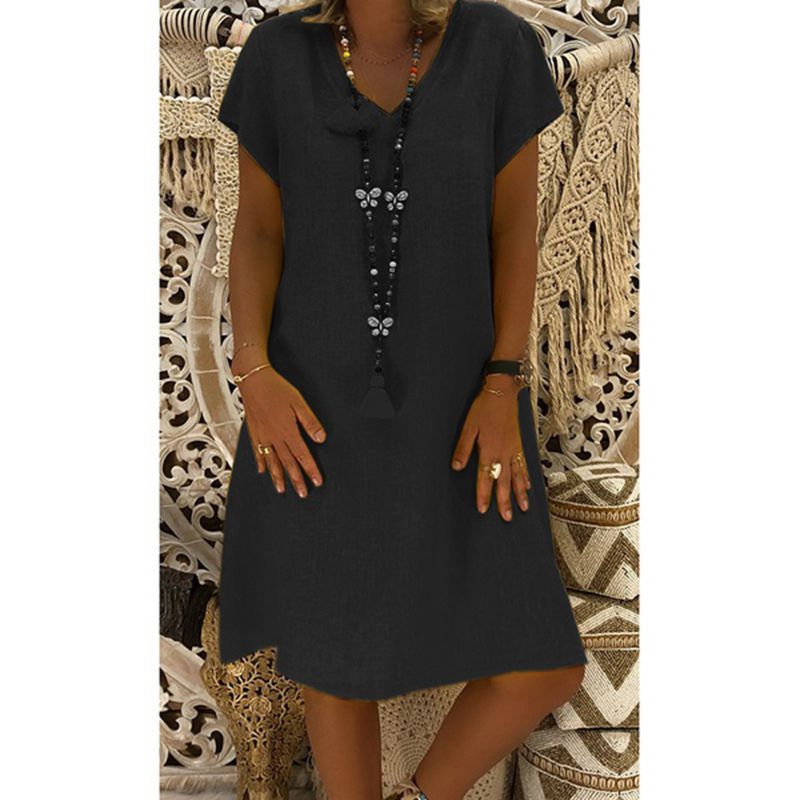 US$ 25.99 - V-Neck Shift Women Short Sleeve Casual Solid Summer Dress ...