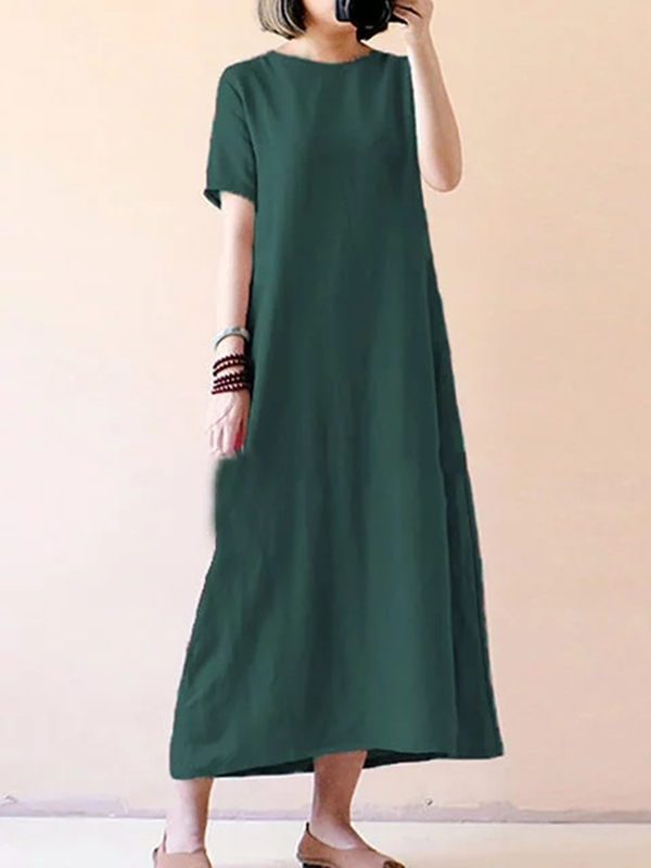 US$ 28.69 - Women Casual Short Sleeve Solid Cotton Plus Size Dress ...