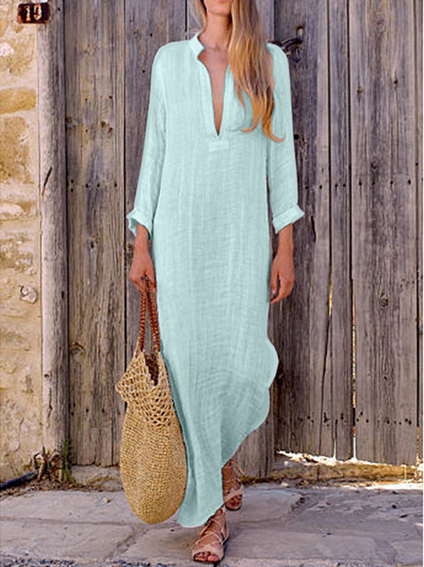 US$ 32.99 - Women Shift Beach Holiday Linen Cotton Long Sleeve Plus ...