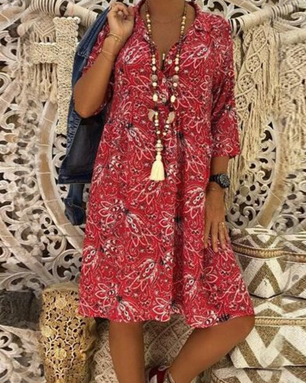 V Collar Floral Printed Loose Vacation Plus Size Dress2