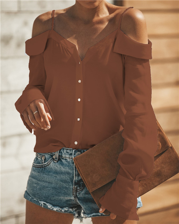 Solid Sexy Boat Neckline Long Sleeve Blouses3