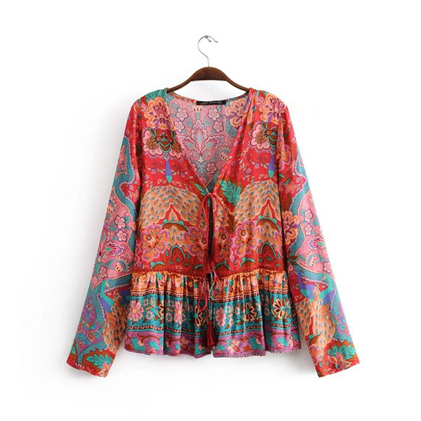 Floral Loose Long Sleeves Lace Up Blouses Shirt Bohemian Tops4
