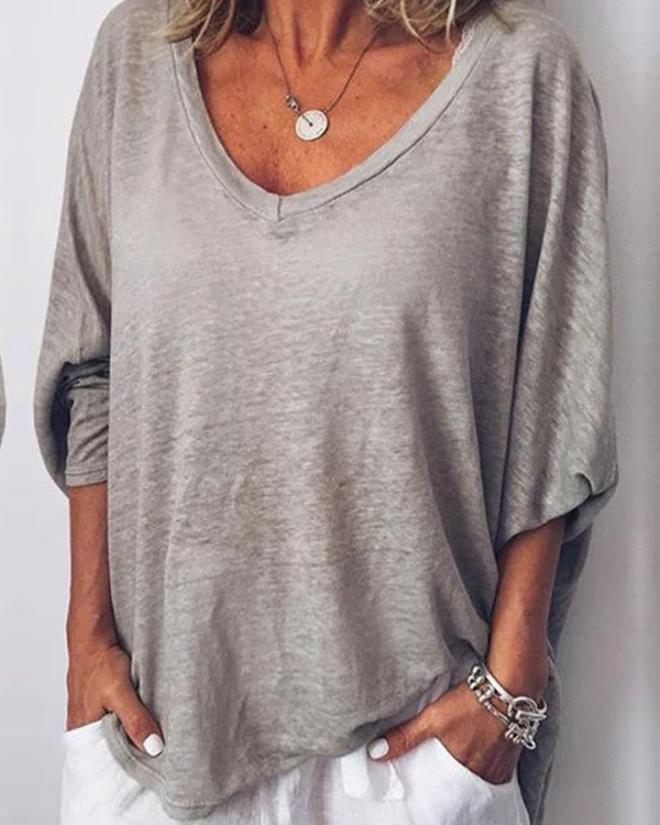 Casual Solid V Neck Long Batwing Sleeve Blouses Tops1