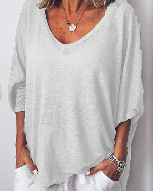 Casual Solid V Neck Long Batwing Sleeve Blouses Tops3